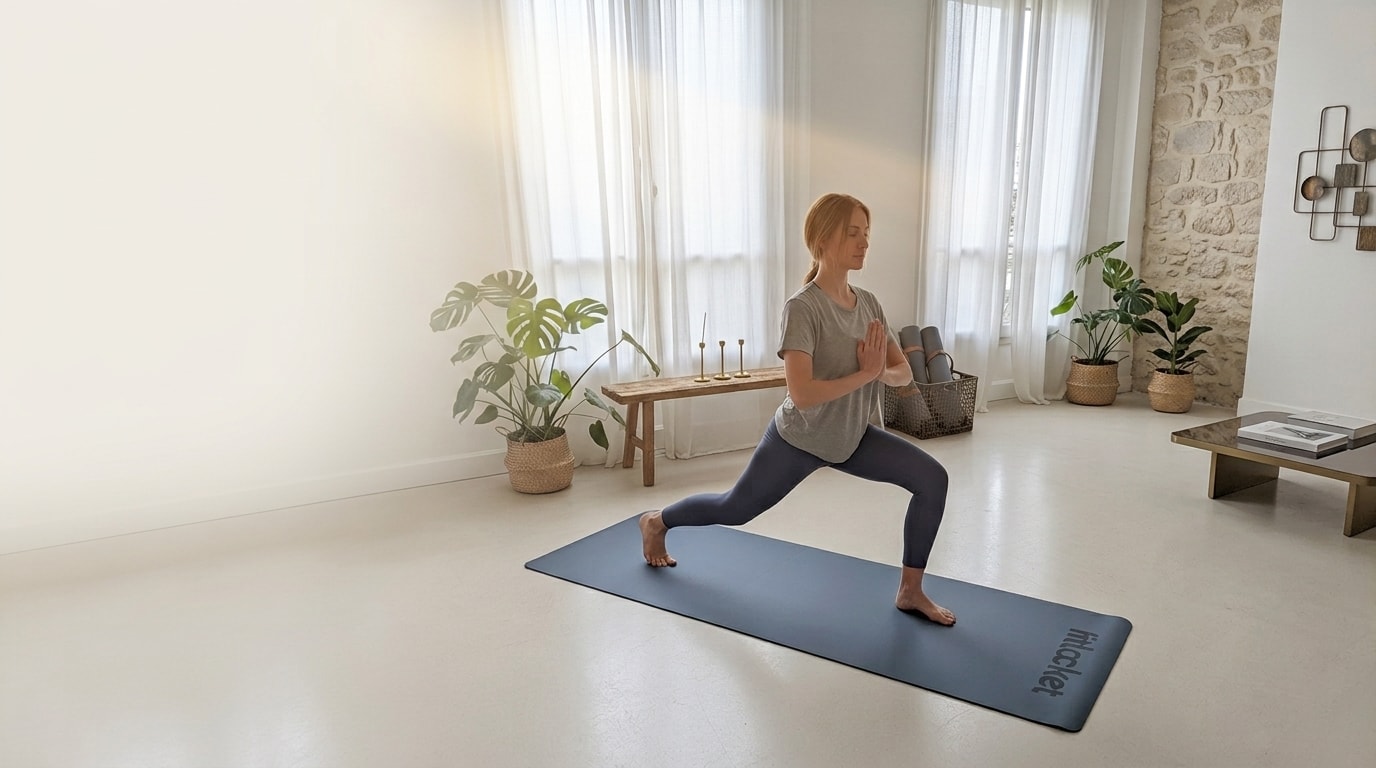 Une personne pratique une fente sur le tapis AdheraMax dans un studio lumineux